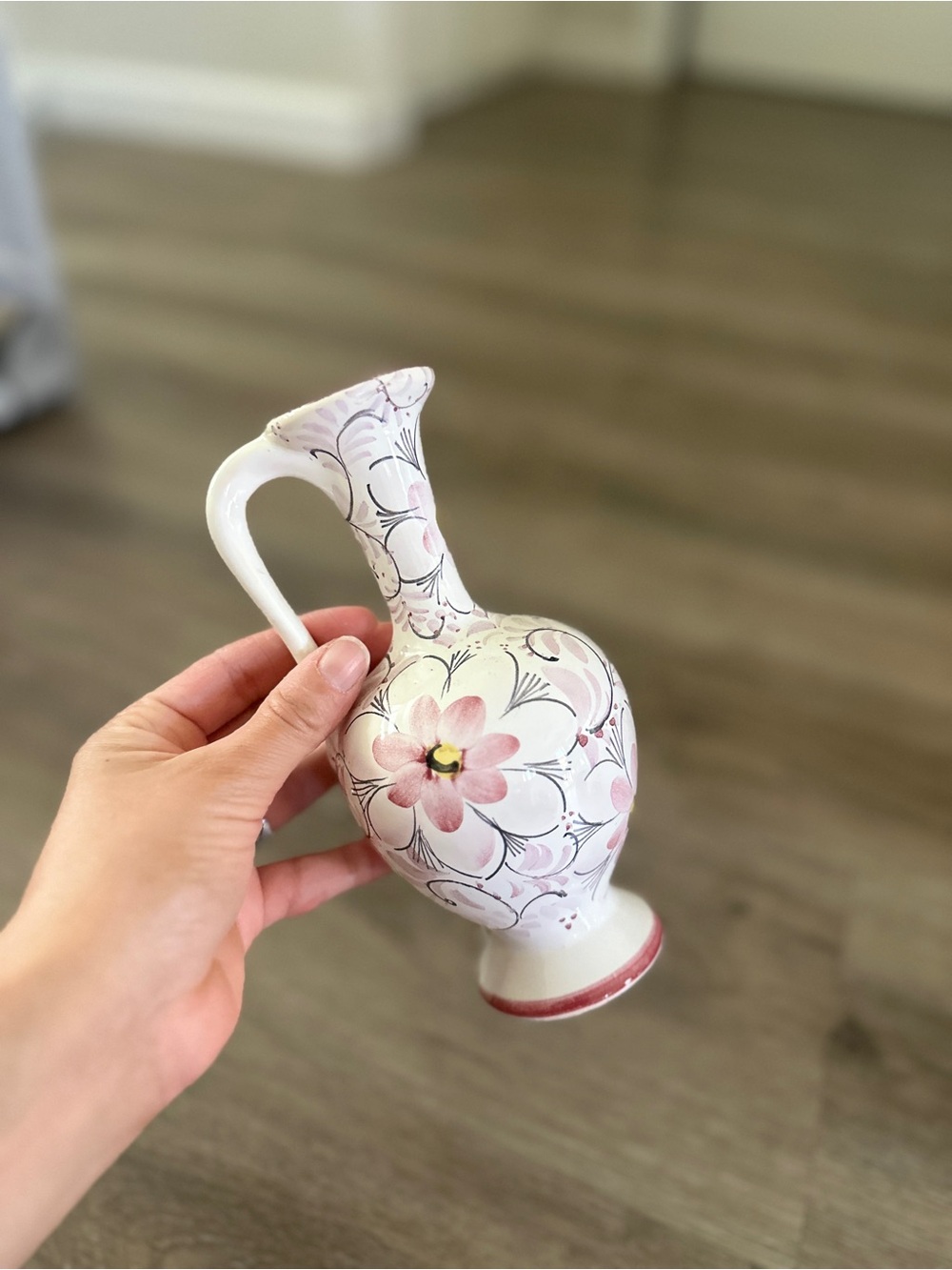 YAWE Handmade Floral Ceramic Pitcher Vase Pink White Signed Artist Pottery